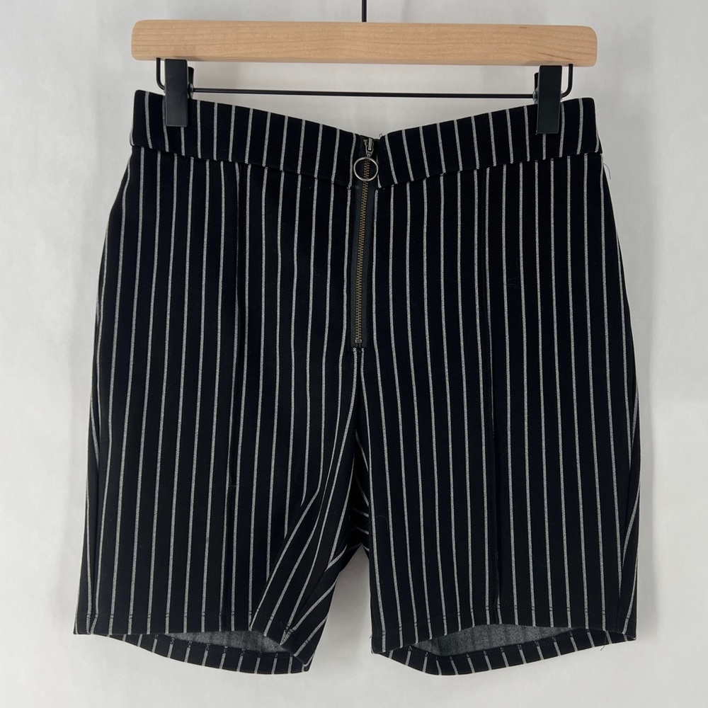 Lovers + Friends Black & White Vertical Striped High Waist Exposed Zipper Shorts